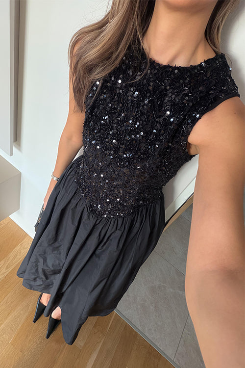 Crewneck Sleeveless Glitter Sequin Splice Maxi Dress