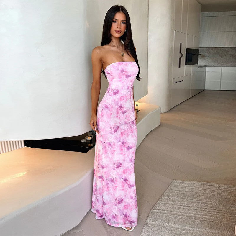 Strapless Abstract Watercolor Floral Print Bodycon Maxi Dress