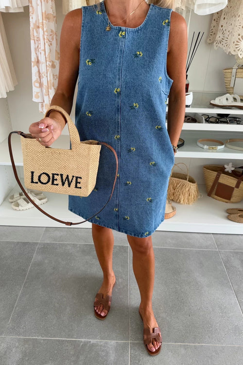 Embroidered Tie Back Denim Mini Dress