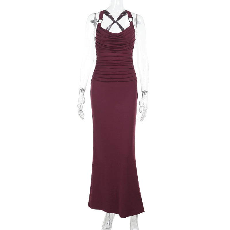 Spaghetti Strap Ruched Drape Side Slit Column Maxi Dress