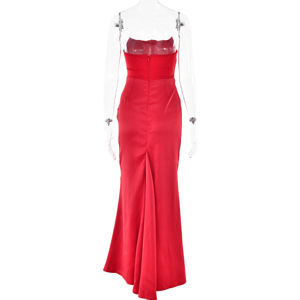 Strapless Corset Draped Hip Swag Column Maxi Gown