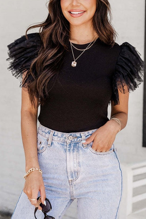 Round Neck Polka Dot Ruffle Short Sleeves Top