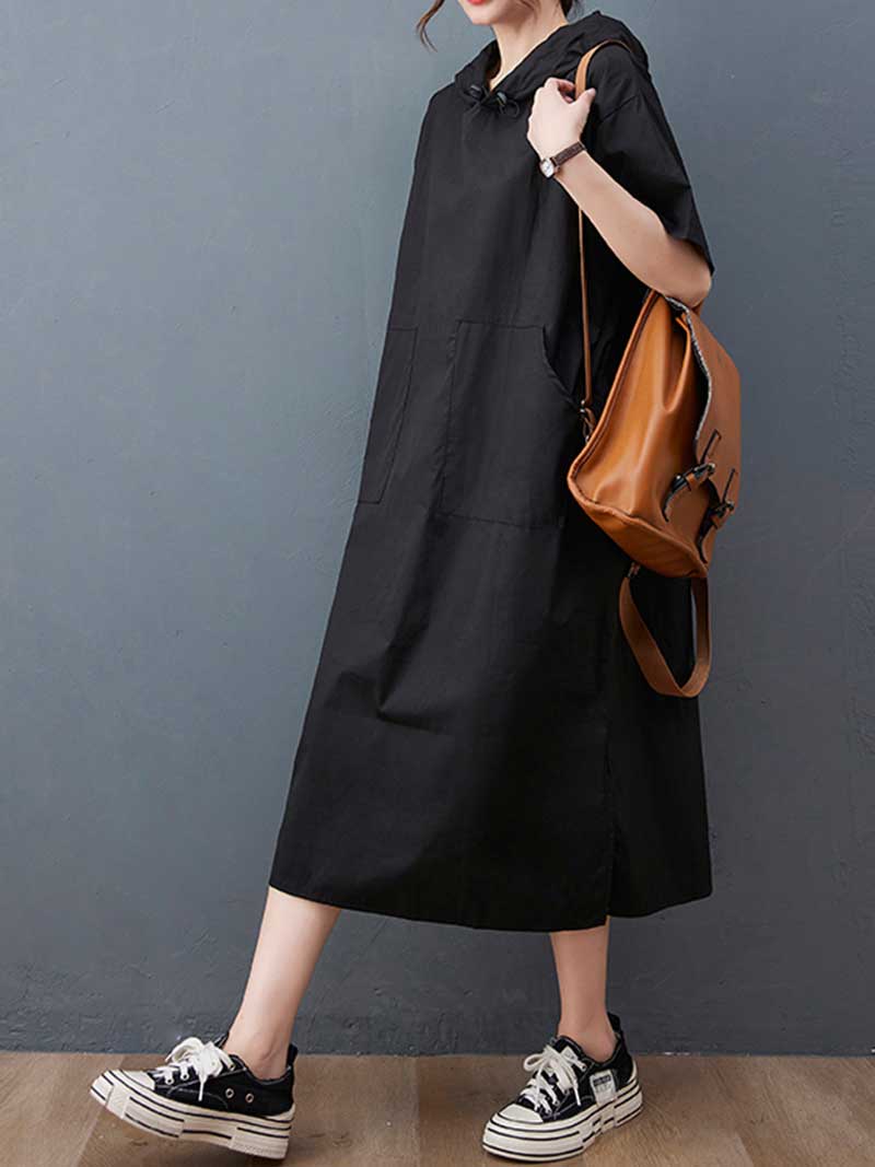 Hooded Long Sleeve Kangaroo Pocket Midi Dress