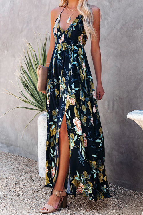 Halter Neck Smocked Waist Floral Print High Slit Maxi Dress
