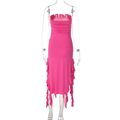 Strapless Tube Neck Ruffle Trim High Slit Midi Dress