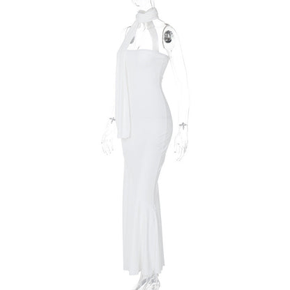 Strapless Straight Bandeau Trumpet Hem Matching Neck Scarf Maxi Gown