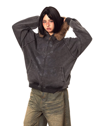 Fur-Trimmed Vintage Zip-Up Jacket