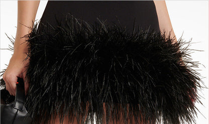 Strapless Bandeau Ostrich Feather Trim Bodycon Mini Dress