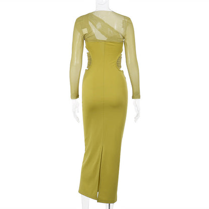 Long Sleeve Deep V-Neck Asymmetrical Mesh Cutout Waist Column Maxi Dress