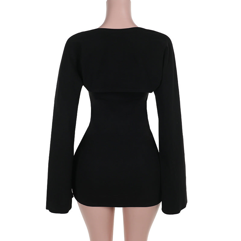 Strapless Tube Bolero Long Flare Sleeve Mini Dress Set