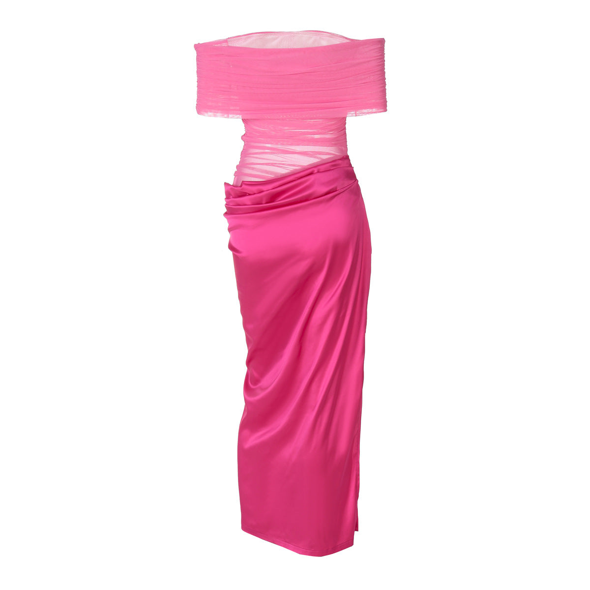 Off Shoulder Horizontal Ruched Mesh Waist Panel High Slit Satin Maxi Gown