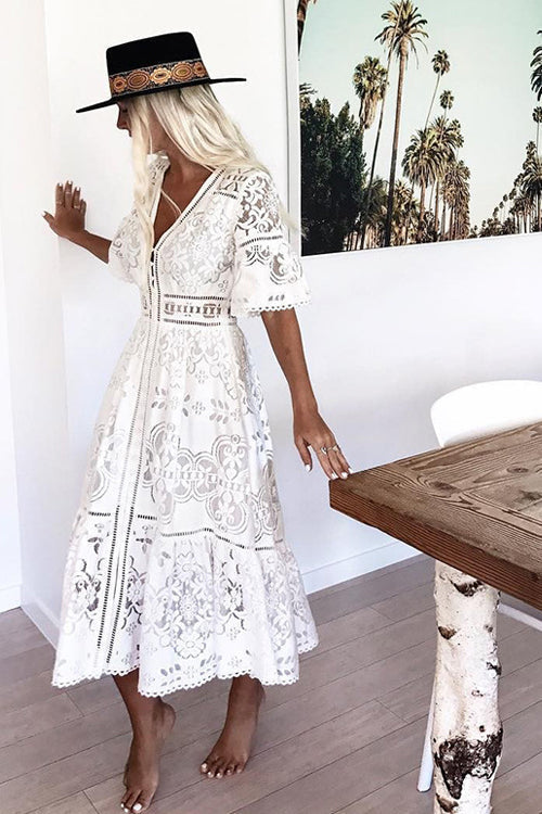 Deep V Neck Short Bell Sleeve Button Front Lace Panel Midi Dress