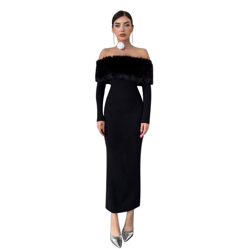 Off Shoulder Faux Fur Trim Long Sleeve Bodycon Maxi Dress