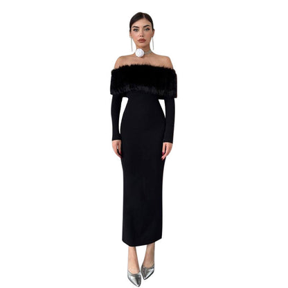 Off Shoulder Faux Fur Trim Long Sleeve Bodycon Maxi Dress