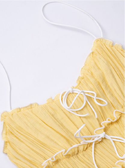 Square Neck Smocked Triple Tie Front Tiered Ruffle Midi Dress