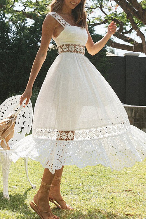 Square Neck Lace Panel Sleeveless Column Maxi Gown