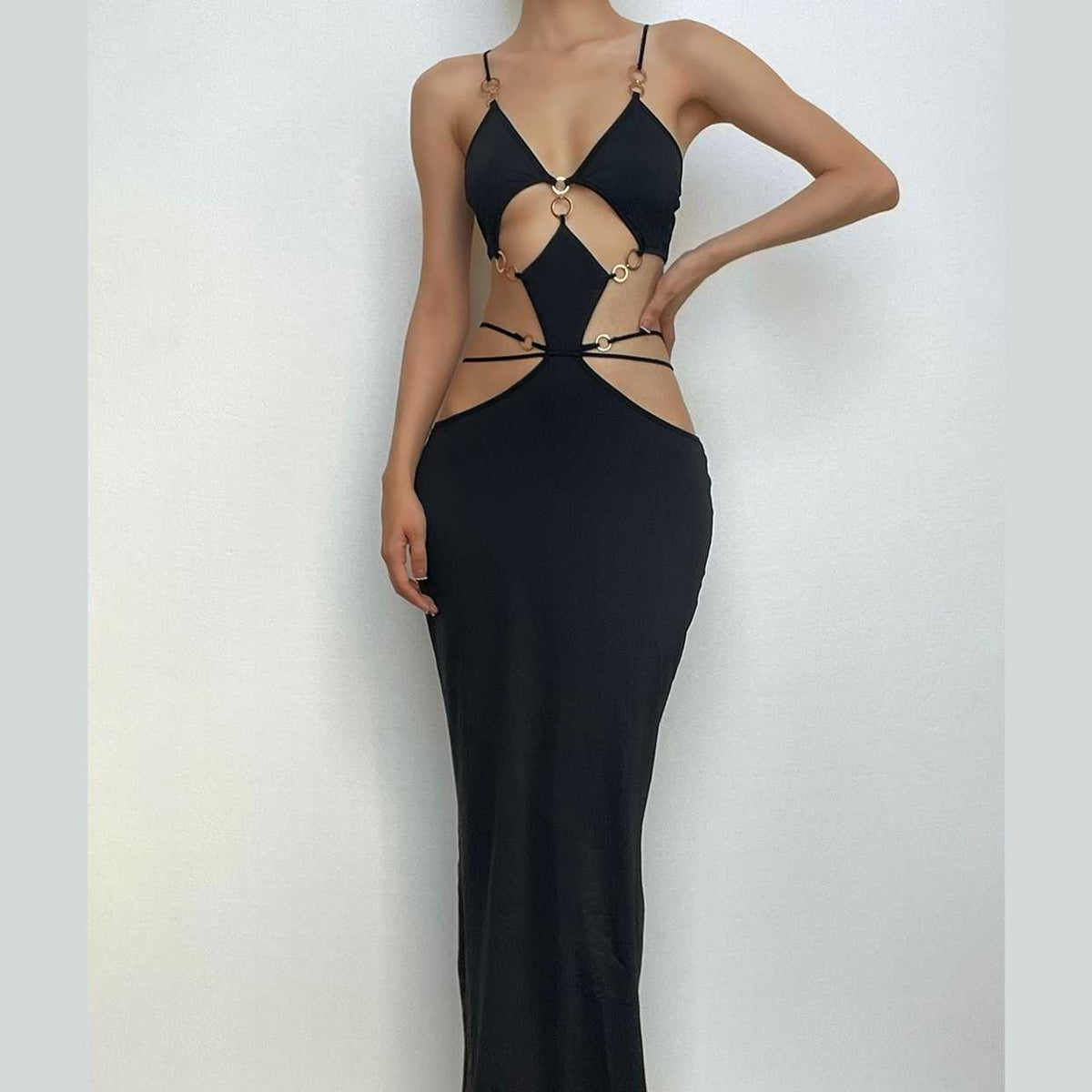 Plunging V-Neck Spaghetti Strap Midriff Ring Cutout Ribbed Maxi Dress