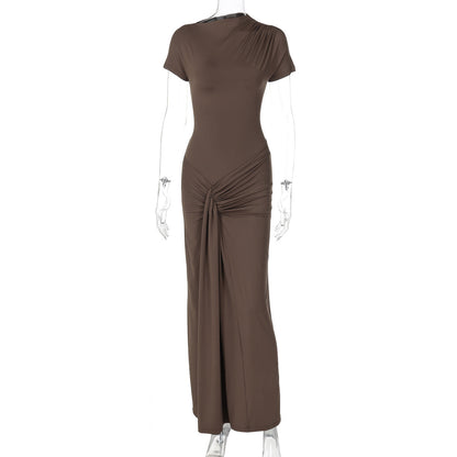 Mock Neck Cap Sleeve Front Knot Draped Panel Maxi Gown