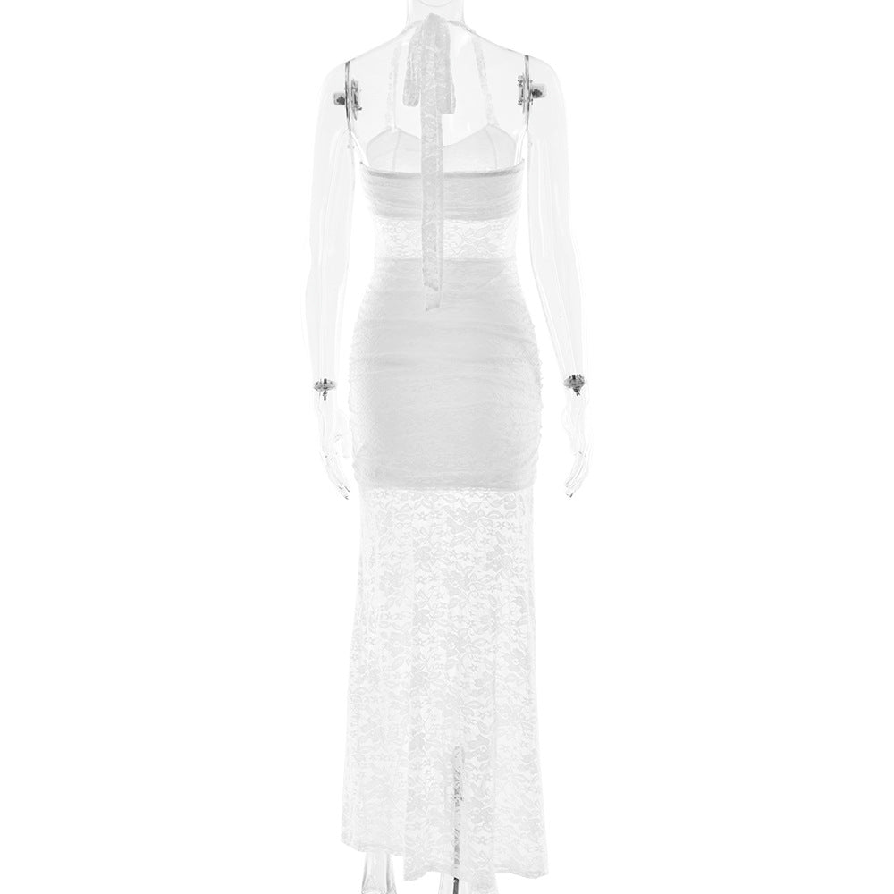 Halter Neck Floral Lace Sheer Panel Ruched Ruffle Front Maxi Dress