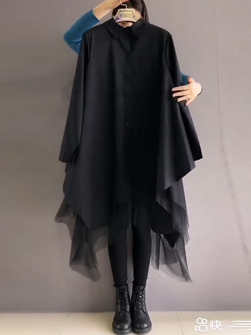 Collared Button Front Handkerchief Hem Tiered Tulle Overlay Shirt Dress