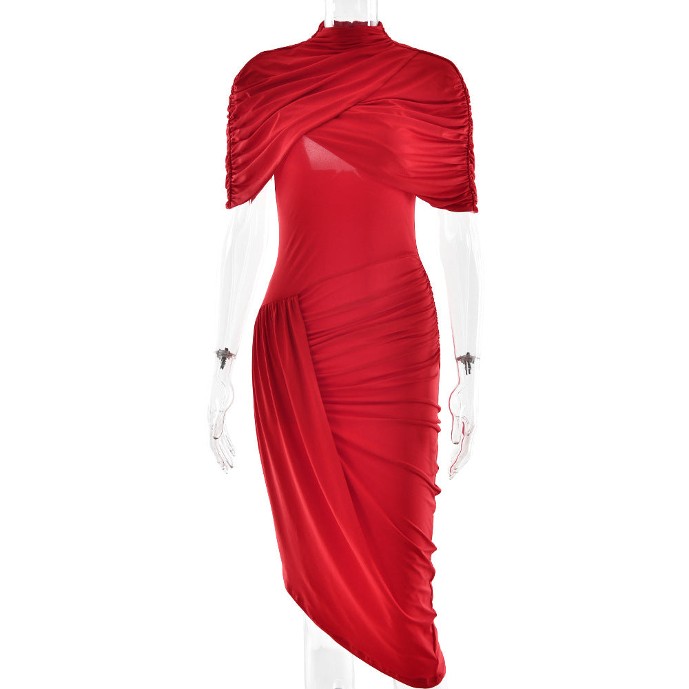 Mock Neck Draped Shoulder Ruched Asymmetrical Midi Dress