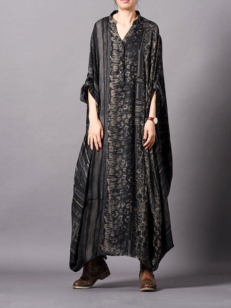 Mandarin Collar Button Front Mixed Print Patchwork Oversized Maxi Dress