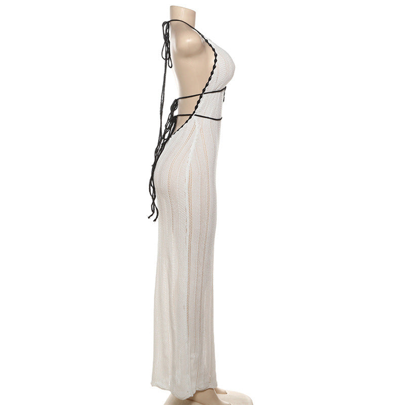 Halter Neck Crochet Lace Trim Contrast Band Maxi Dress