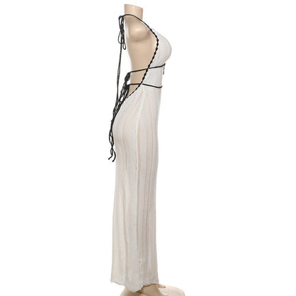 Halter Neck Crochet Lace Trim Contrast Band Maxi Dress