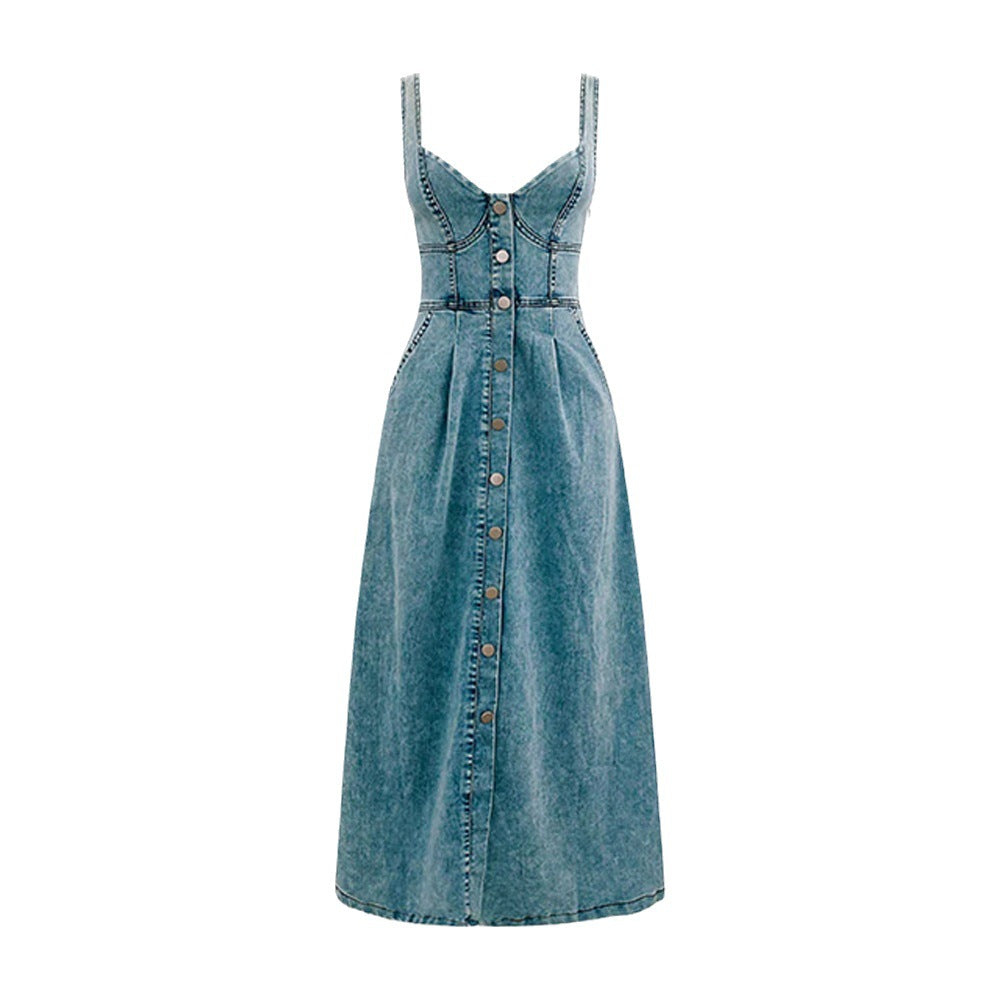 Sweetheart Button Front Corset Denim Midi Dress