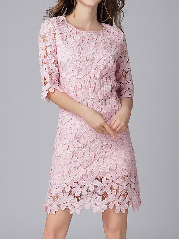 Round Neck Elbow Sleeve Scalloped Floral Lace Shift Mini Dress