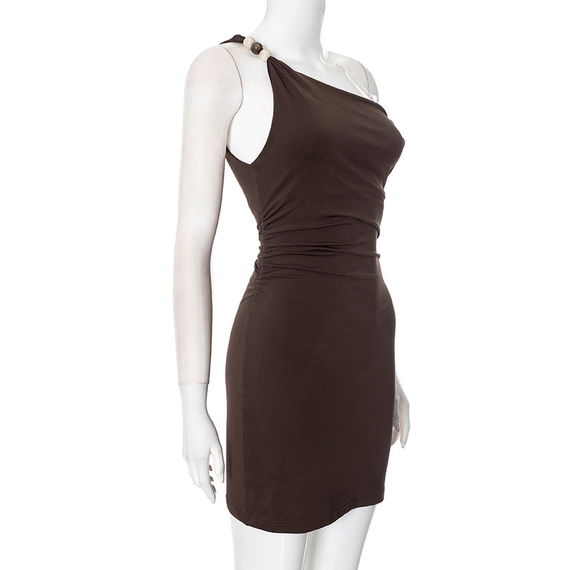 One Shoulder Beaded Strap Ruched Bodycon Mini Dress
