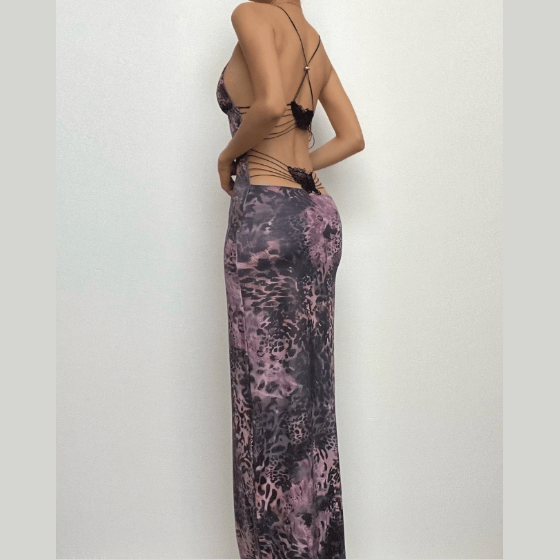 Butterfly Applique Criss Cross Strap Backless Printed Bodycon Maxi Dress