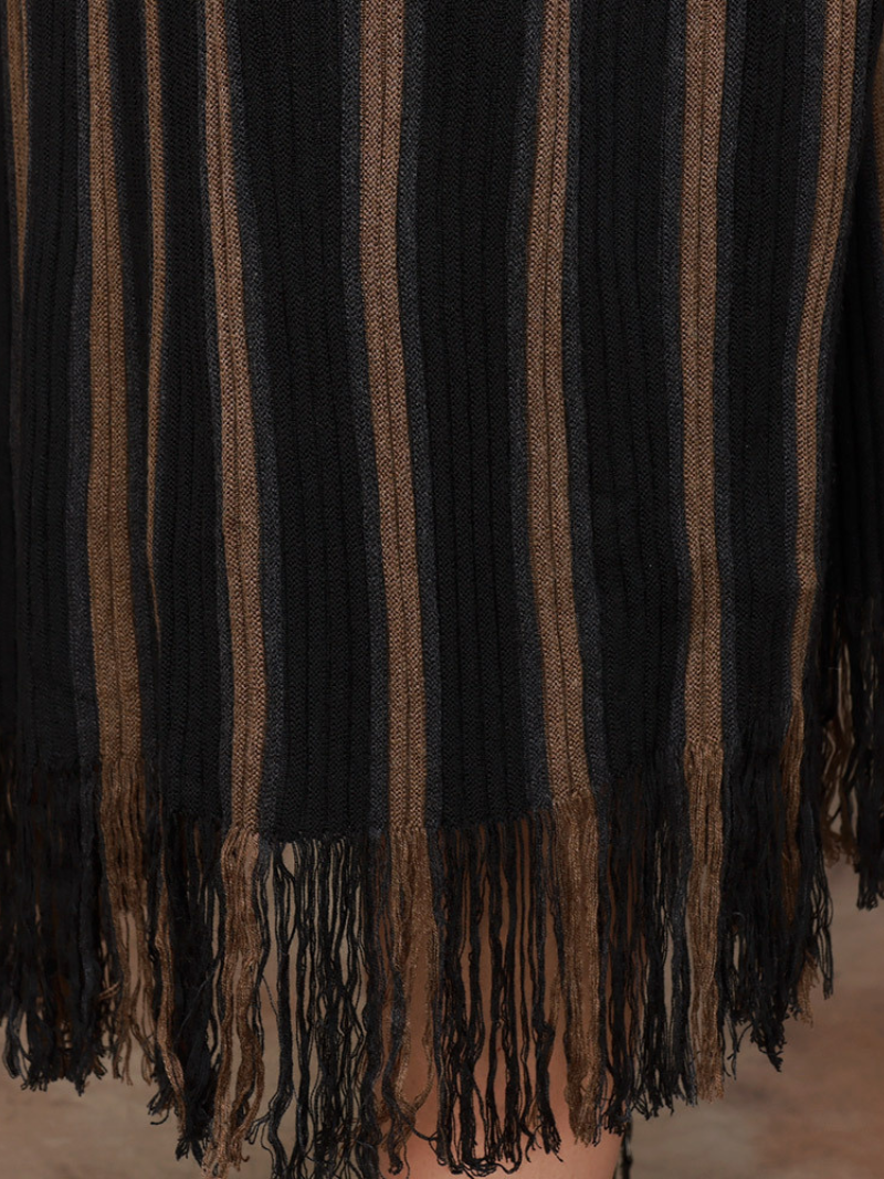 Round Neck Drop Shoulder Striped Fringe Hem Knit Maxi Dress