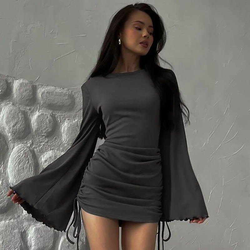 Crew Neck Bell Sleeve Side Ruched Drawstring Mini Dress