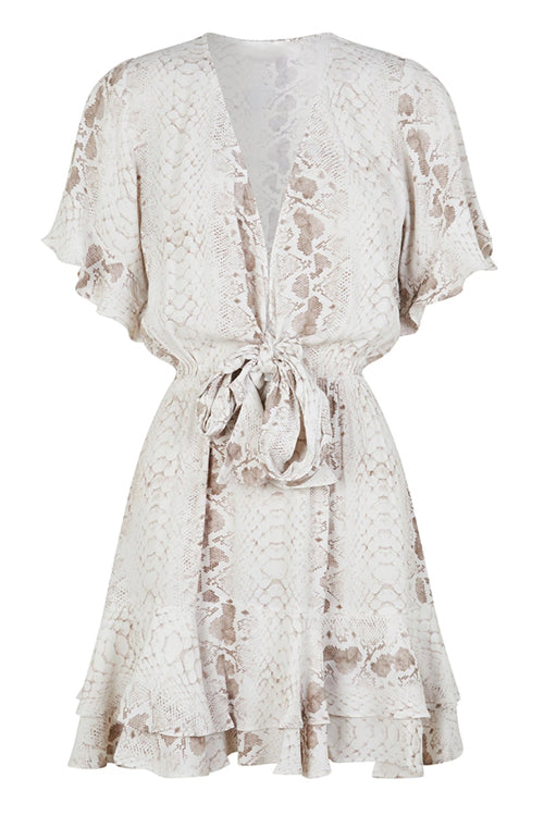 Snake Print V-Neck Tie Waist Flutter Sleeve Ruffle Hem Mini Dress