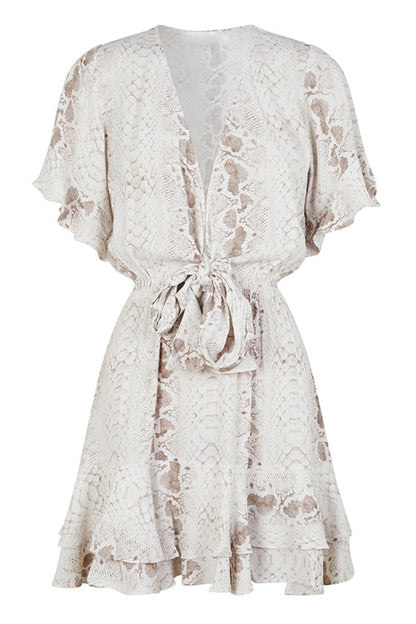 Snake Print V-Neck Tie Waist Flutter Sleeve Ruffle Hem Mini Dress