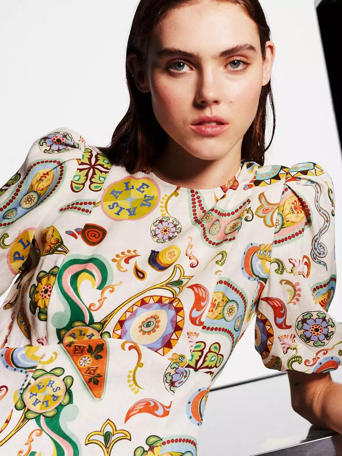 Eclectic Paisley Print Puff Sleeve Round Neck Midi Dress