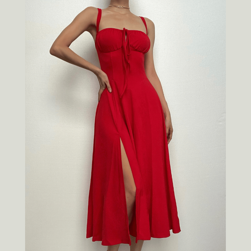 Ruched Sweetheart Neck Spaghetti Strap High Slit Midi Dress