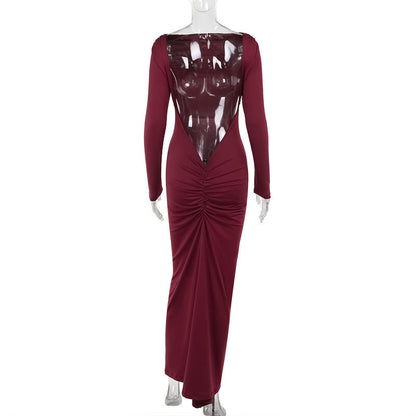 Long Sleeve Deep Open Back Ruched Column Maxi Gown