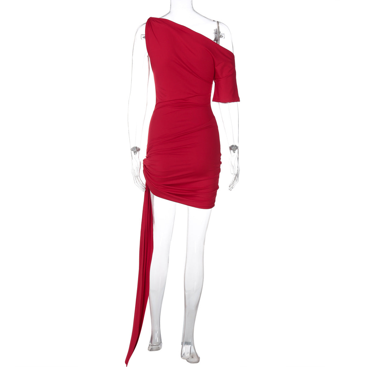 One Shoulder Ruched Mini Dress with Side Sash
