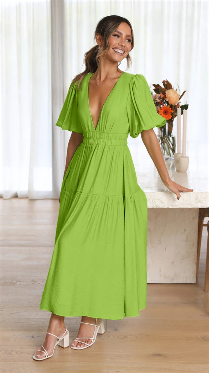 Deep V Neck Puff Sleeve Smocked Waist Tiered Midi Dress