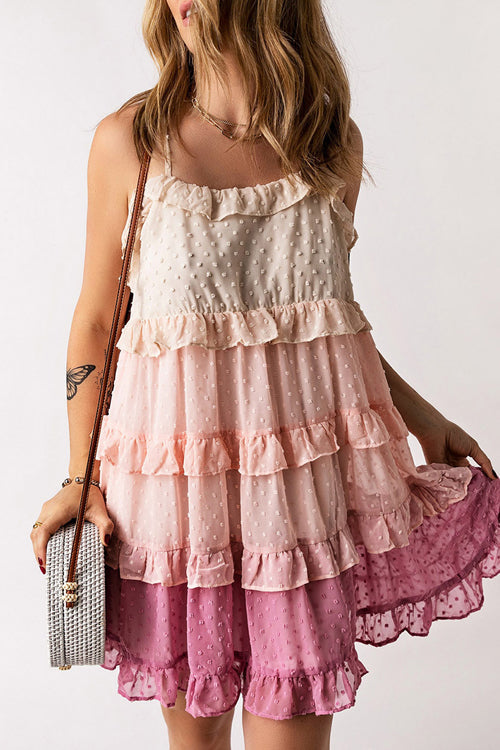 Spaghetti Strap Swiss Dot Tiered Ruffle Mini Dress