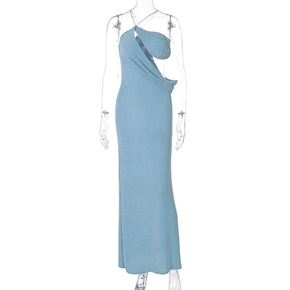 One Shoulder Diagonal Cutout Draped Sash Bodycon Maxi Dress