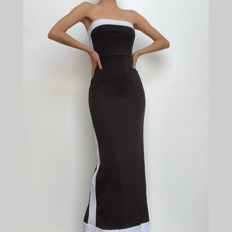 Strapless Contrast Stripe Panel Zip Back Tube Maxi Dress