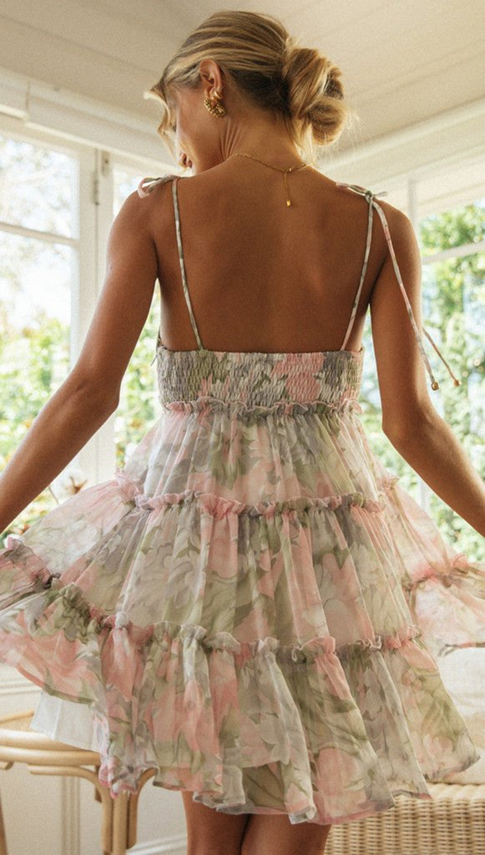 Scoop Neck Tie-Shoulder Spaghetti Strap Empire Waist Tiered Floral Mini Dress