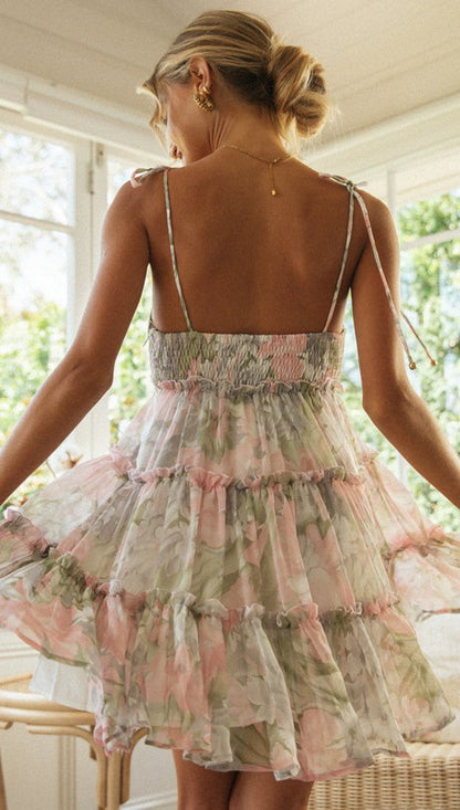 Scoop Neck Tie-Shoulder Spaghetti Strap Empire Waist Tiered Floral Mini Dress