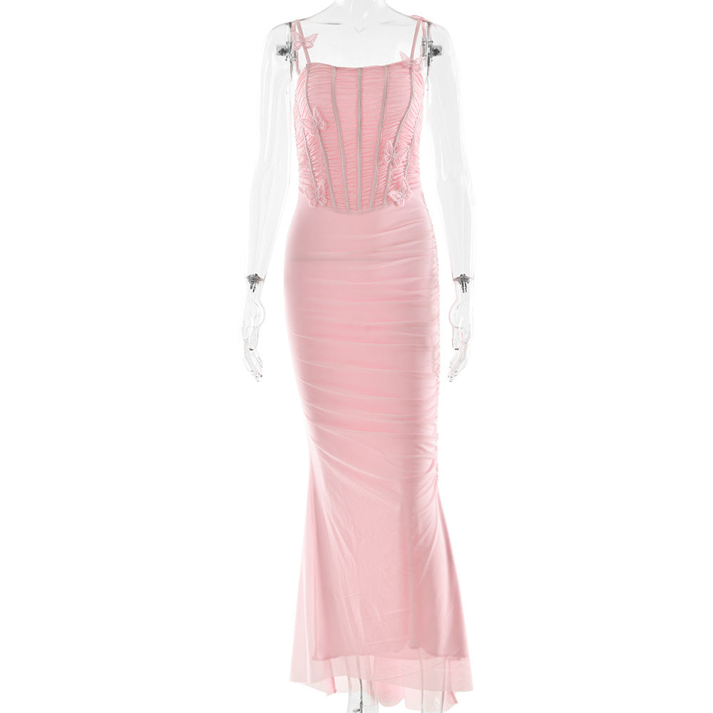 Spaghetti Strap Butterfly Applique Corset Boned Ruched Mermaid Maxi Dress