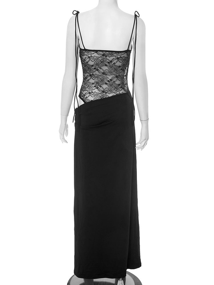 Spaghetti Strap Floral Lace Midriff Panel Column Maxi Dress