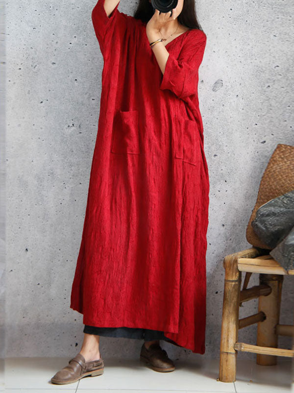 Round Neck Crinkle Gauze Square Pocket Oversized Maxi Linen Dress