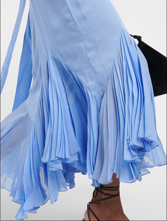 Spaghetti Strap Pleated Chevron Hem Midi Dress With Scarf